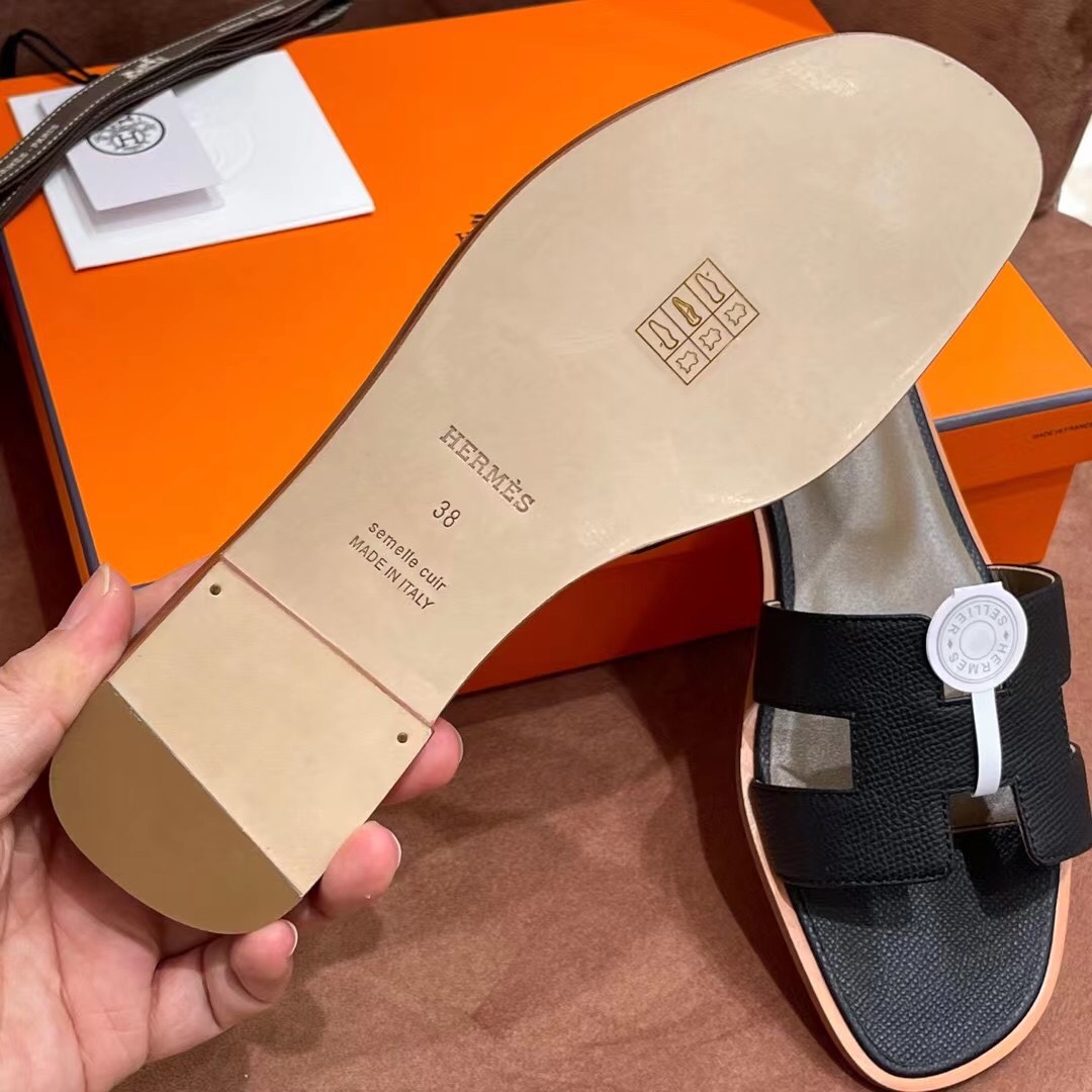 HERMES 爱马仕 H拖鞋 34-41码 原厂同步 进口真皮大底 全手工制作 89 Nior 经典黑
