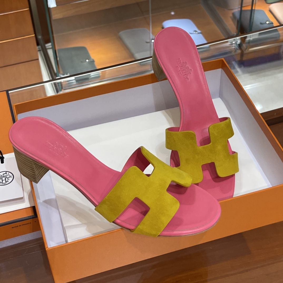 HERMES 爱马仕 H拖鞋 34-41码 原厂同步 进口真皮大底 全手工制作 9D 琥珀黄拼斋普尔粉T5 Rose Jeipur