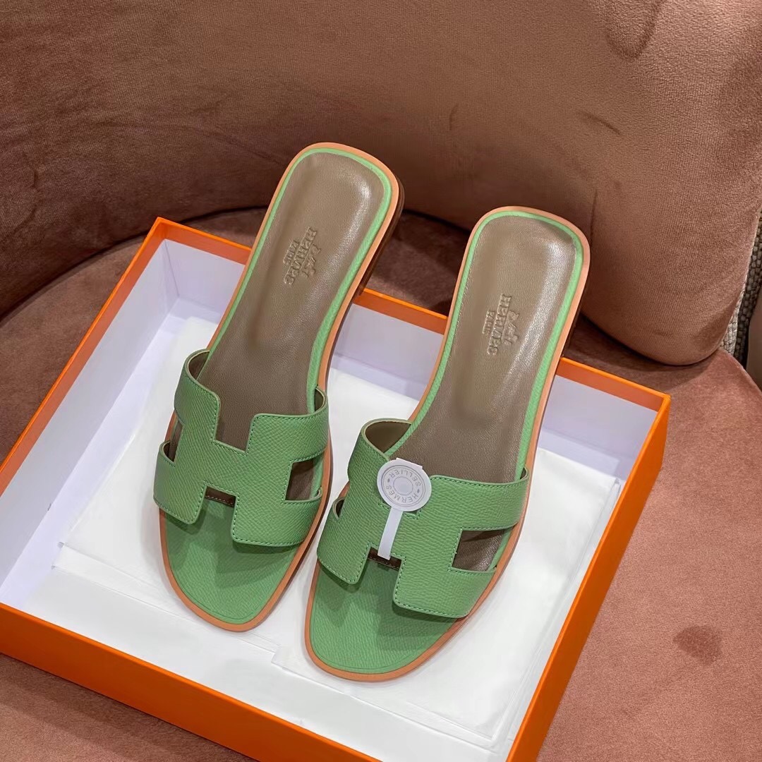 HERMES 爱马仕 H拖鞋 34-41码 原厂同步 进口真皮大底 全手工制作 3i 牛油果绿
