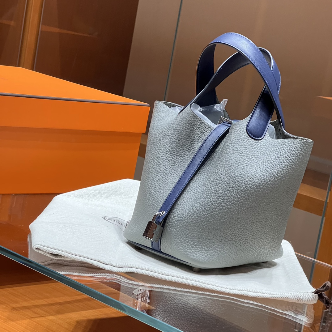 HERMES 爱马仕官网推荐 菜篮子 Picotin 纯手工 4Z 海鸥灰 75 Blue Jean牛仔蓝 TC皮 进口蜜蜡线 全手工制作