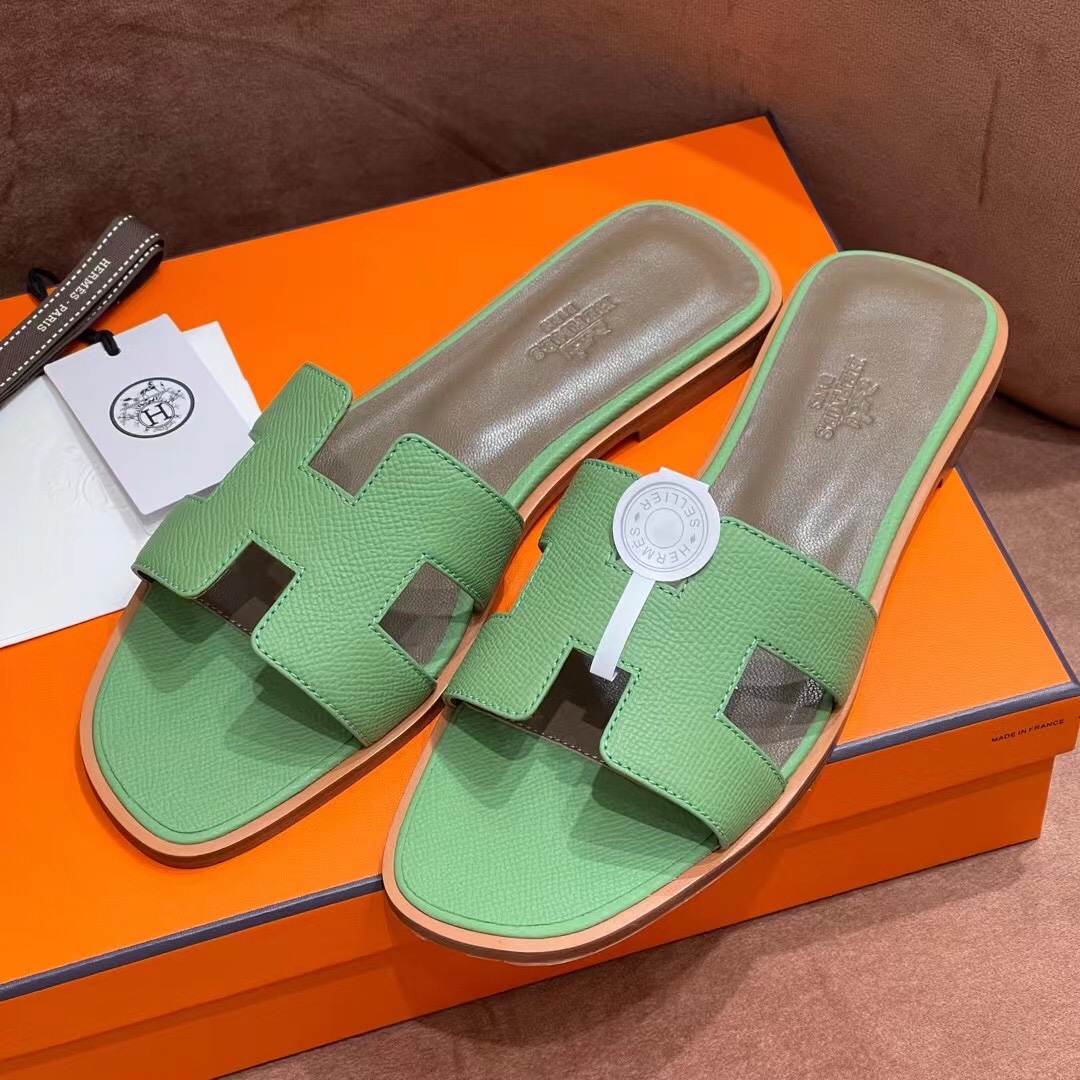 HERMES 爱马仕 H拖鞋 34-41码 原厂同步 进口真皮大底 全手工制作 3i 牛油果绿