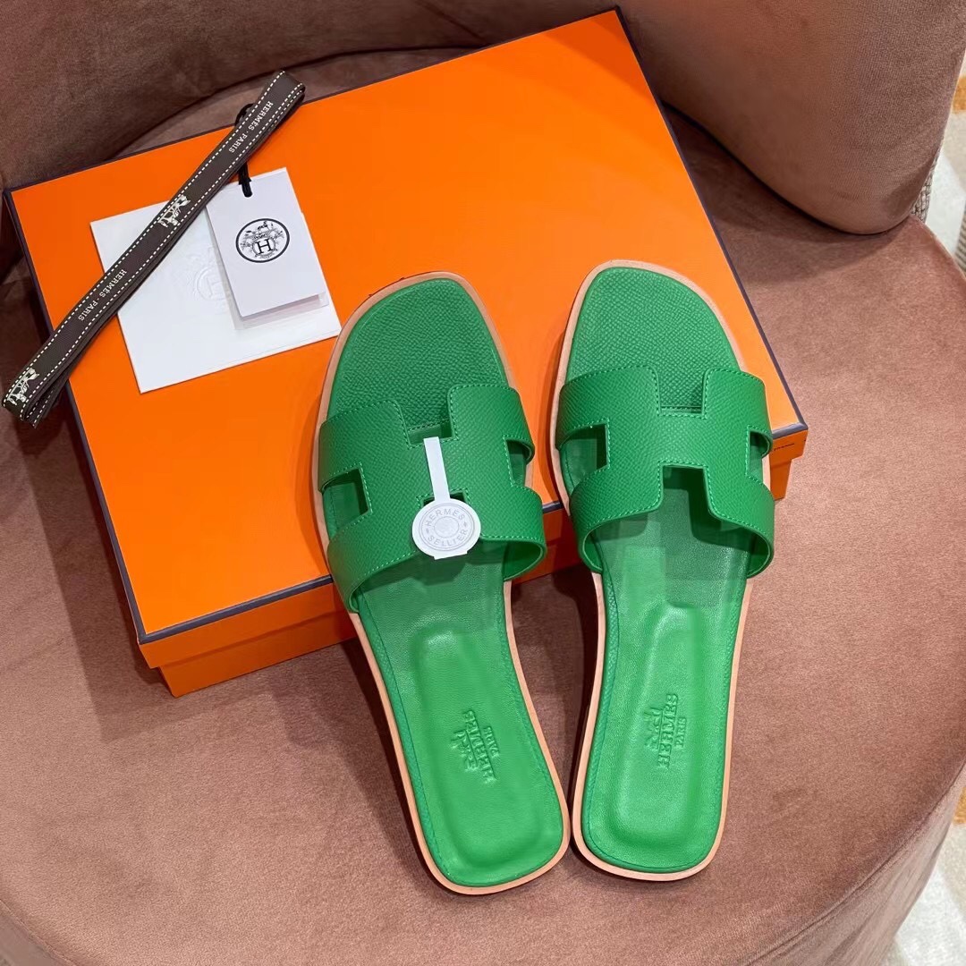 HERMES 爱马仕 H拖鞋 34-41码 原厂同步 进口真皮大底 全手工制作 1K Bambou竹子绿