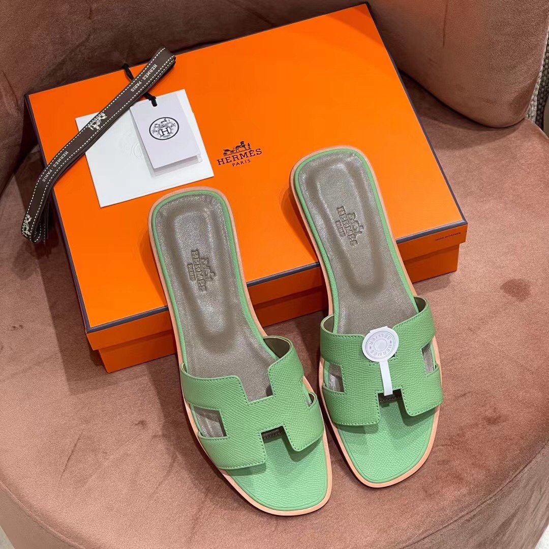 HERMES 爱马仕 H拖鞋 34-41码 原厂同步 进口真皮大底 全手工制作 3i 牛油果绿