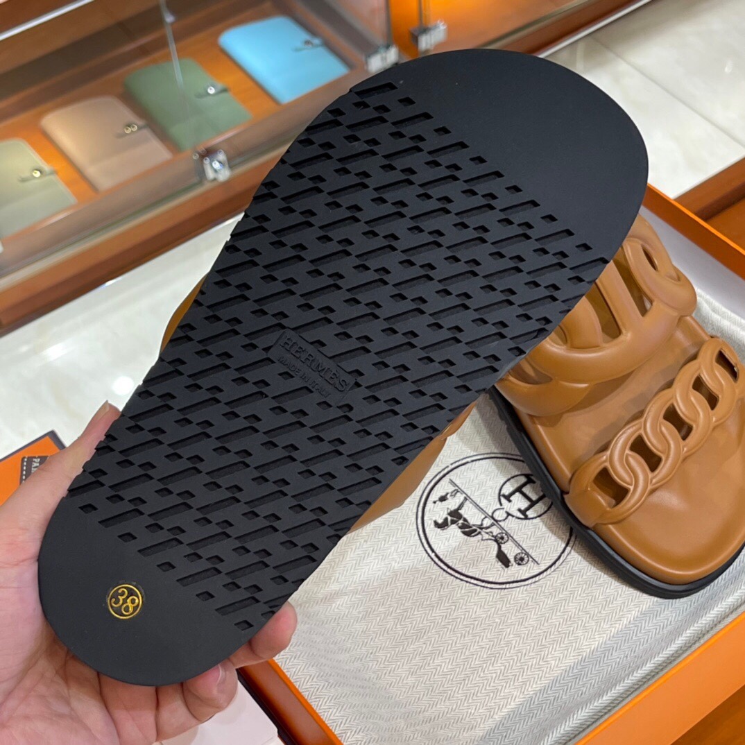 HERMES 爱马仕 猪鼻子拖鞋 34-41码 原厂同步 进口真皮大底 全手工制作 CK37金棕色