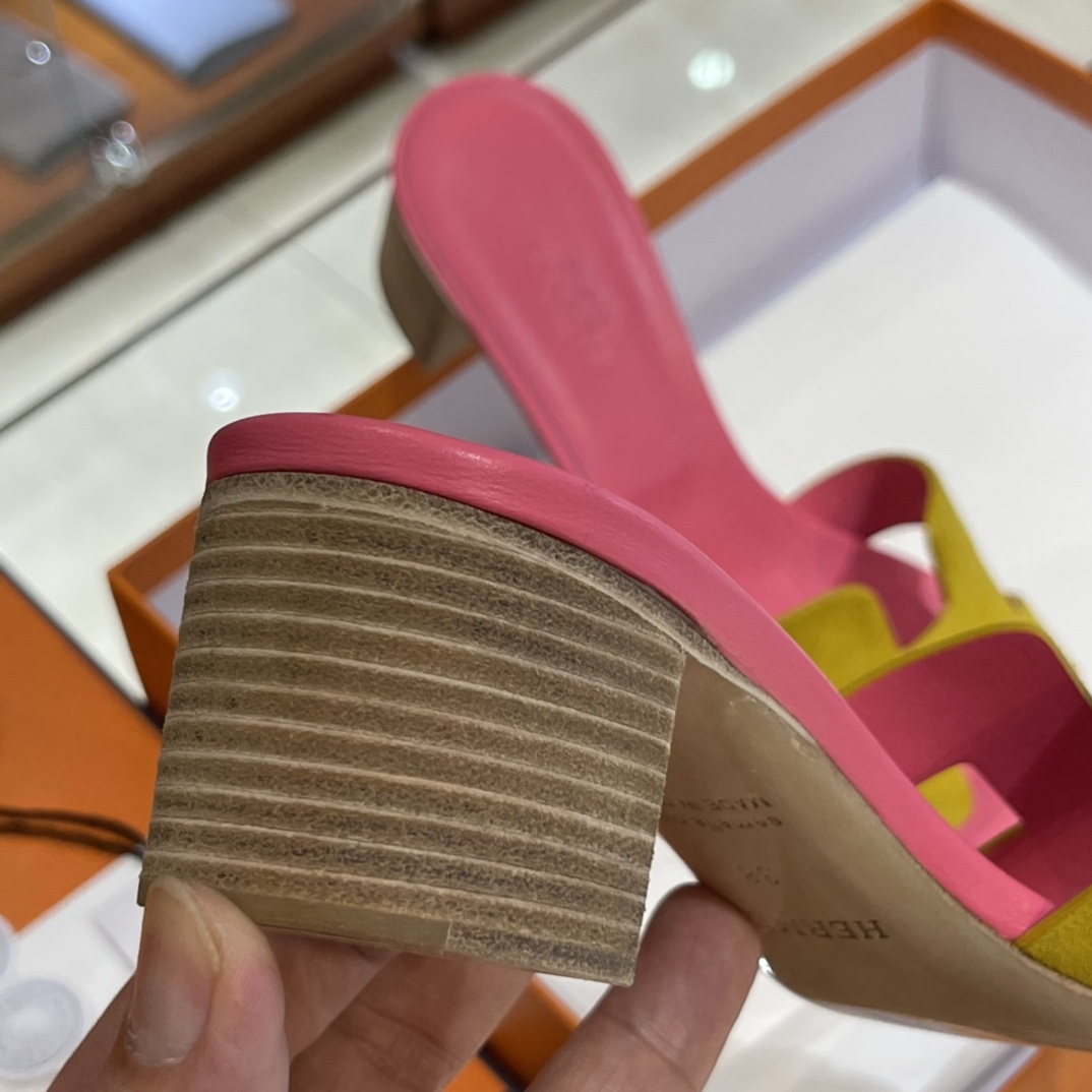 HERMES 爱马仕 H拖鞋 34-41码 原厂同步 进口真皮大底 全手工制作 9D 琥珀黄拼斋普尔粉T5 Rose Jeipur