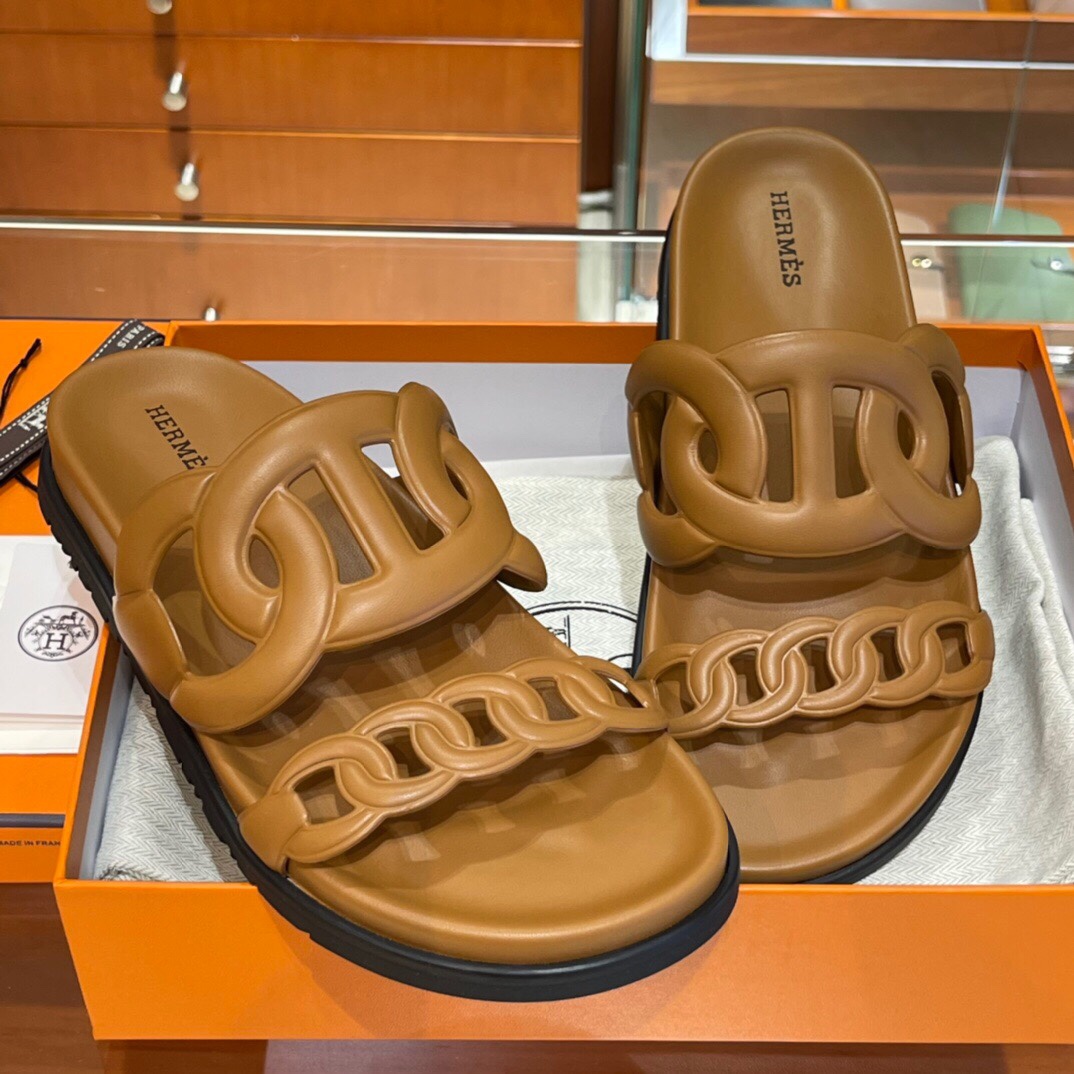 HERMES 爱马仕 猪鼻子拖鞋 34-41码 原厂同步 进口真皮大底 全手工制作 CK37金棕色