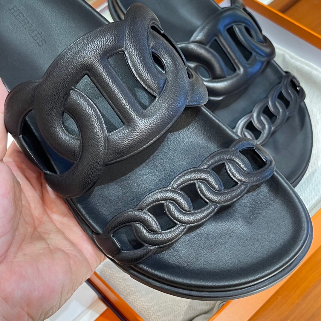 HERMES 爱马仕 猪鼻子拖鞋 34-41码 原厂同步 进口真皮大底 全手工制作 89 Nior经典黑