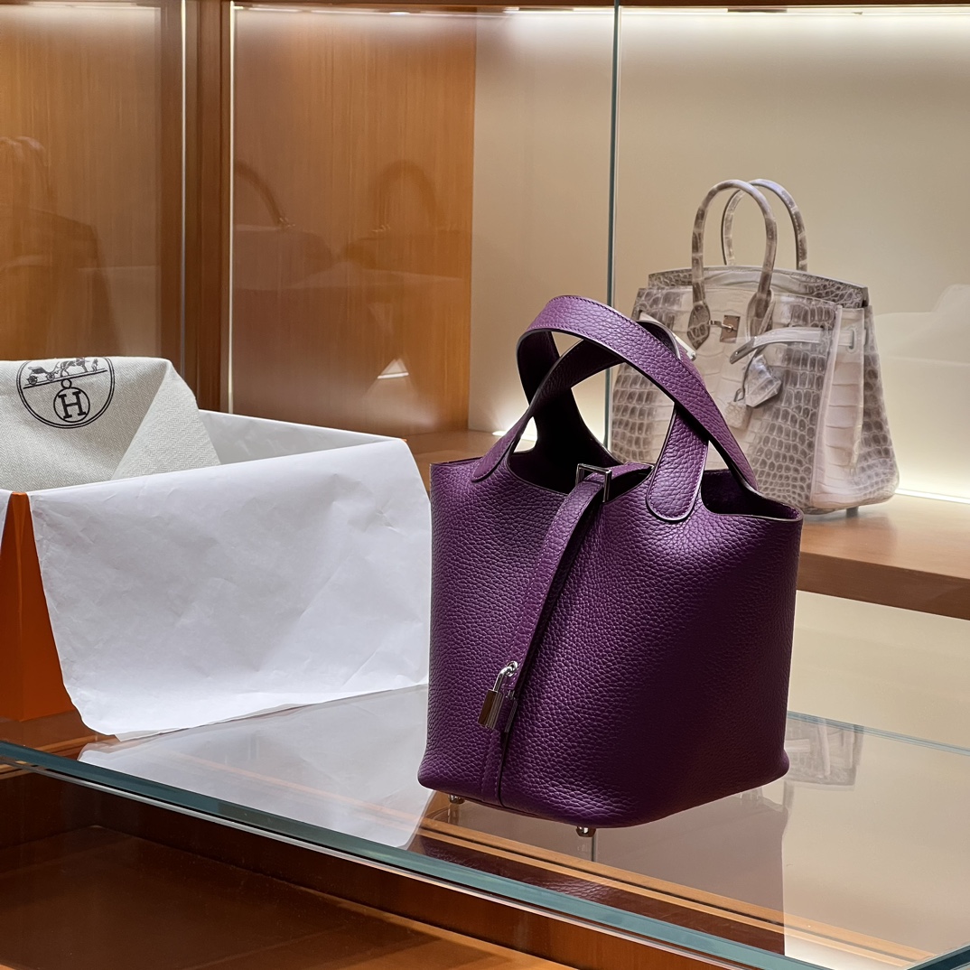 HERMES 爱马仕官网推荐 菜篮子 Picotin 纯手工 P9 Anemone 银莲花紫 TC皮 进口蜜蜡线 全手工制作
