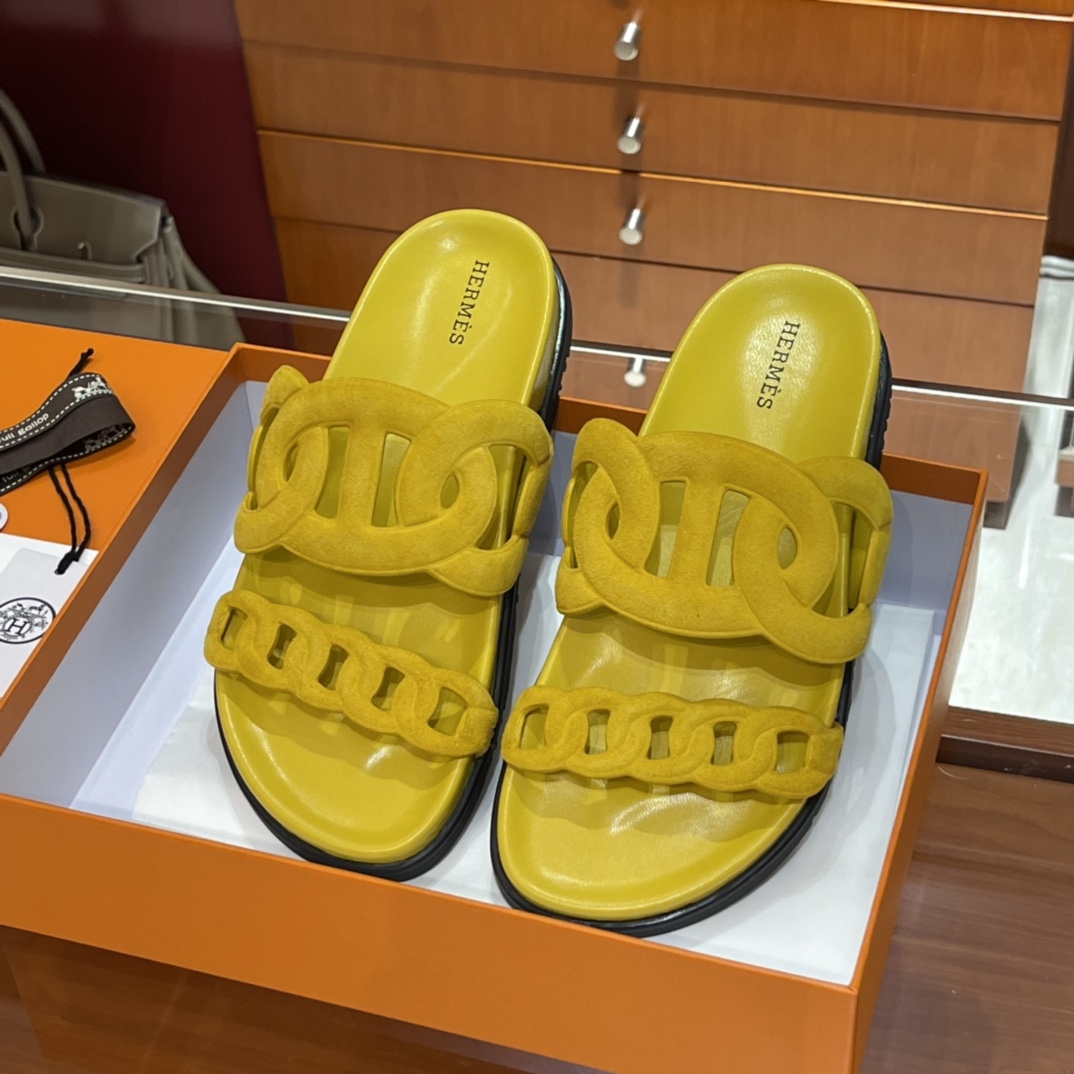 HERMES 爱马仕 猪鼻子拖鞋 34-41码 原厂同步 进口真皮大底 全手工制作 9D 琥珀黄