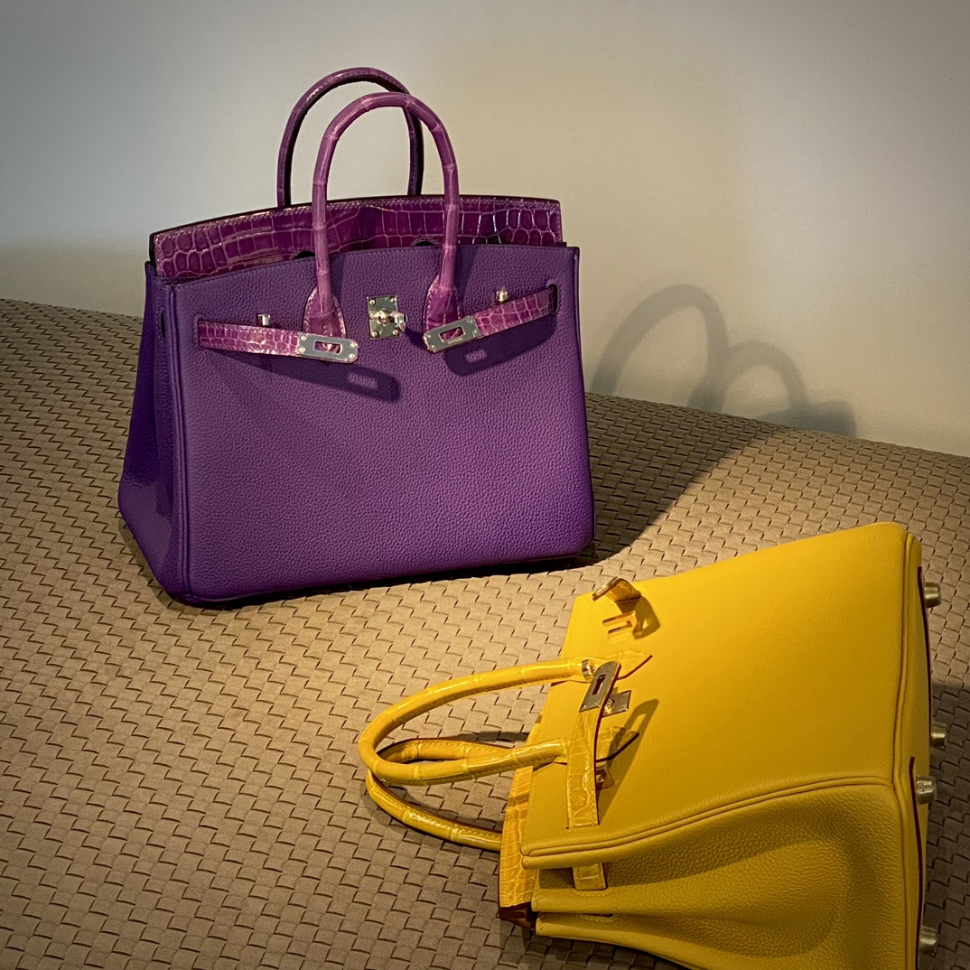 HERMES 爱马仕 Birkin 25cm/30cm 5J Fushsia悬铃花紫/桃红色/9D 琥珀黄 鳄鱼皮拼TOGO皮 进口蜜蜡线 全手工制作