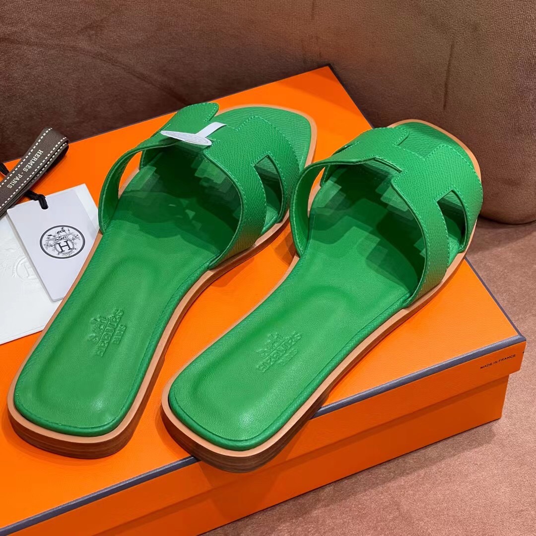 HERMES 爱马仕 H拖鞋 34-41码 原厂同步 进口真皮大底 全手工制作 1K Bambou竹子绿