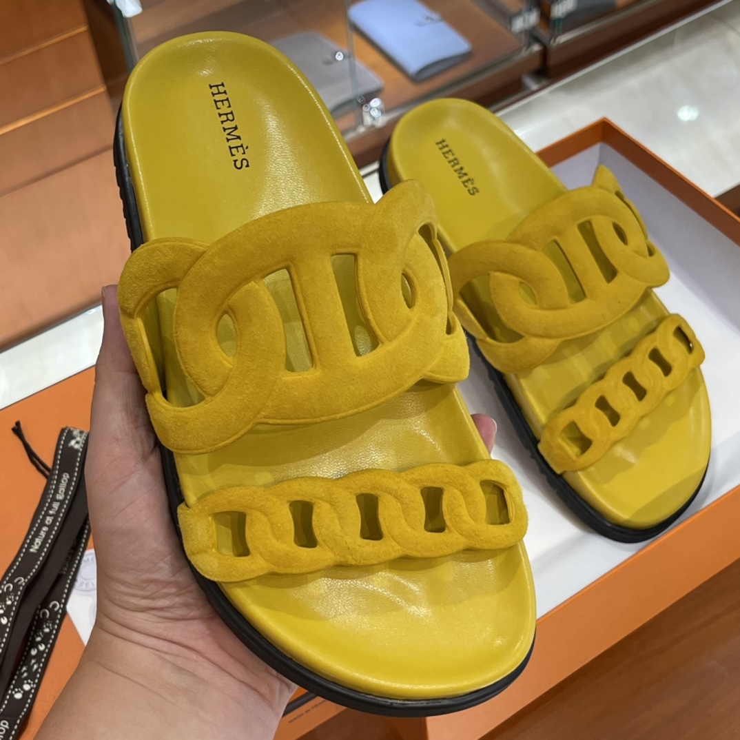 HERMES 爱马仕 猪鼻子拖鞋 34-41码 原厂同步 进口真皮大底 全手工制作 9D 琥珀黄