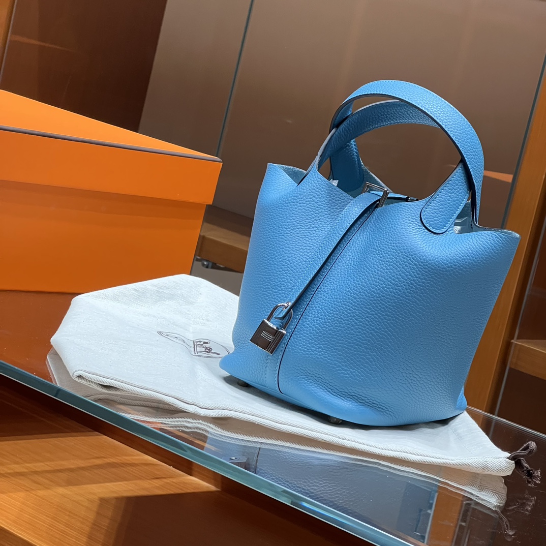 HERMES 爱马仕官网推荐 菜篮子 Picotin 纯手工 0F 佛罗里达蓝 TC皮 进口蜜蜡线 全手工制作