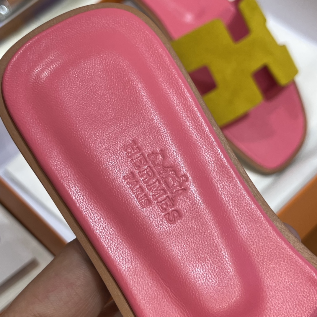 HERMES 爱马仕 H拖鞋 34-41码 原厂同步 进口真皮大底 全手工制作 9D 琥珀黄拼斋普尔粉T5 Rose Jeipur