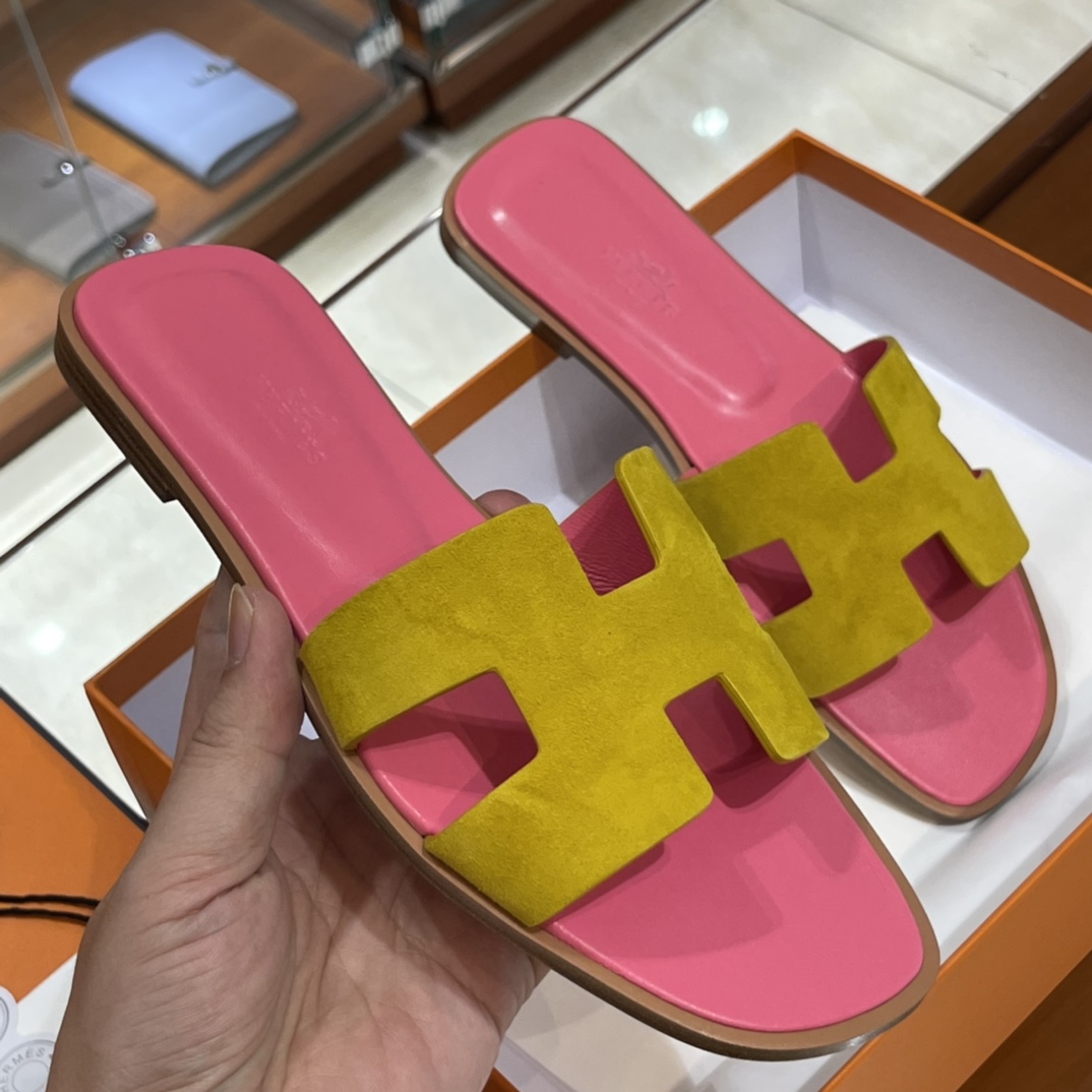 HERMES 爱马仕 H拖鞋 34-41码 原厂同步 进口真皮大底 全手工制作 9D 琥珀黄拼斋普尔粉T5 Rose Jeipur