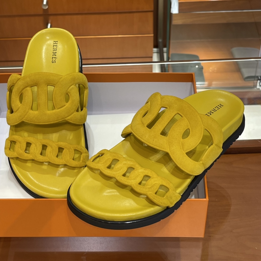 HERMES 爱马仕 猪鼻子拖鞋 34-41码 原厂同步 进口真皮大底 全手工制作 9D 琥珀黄