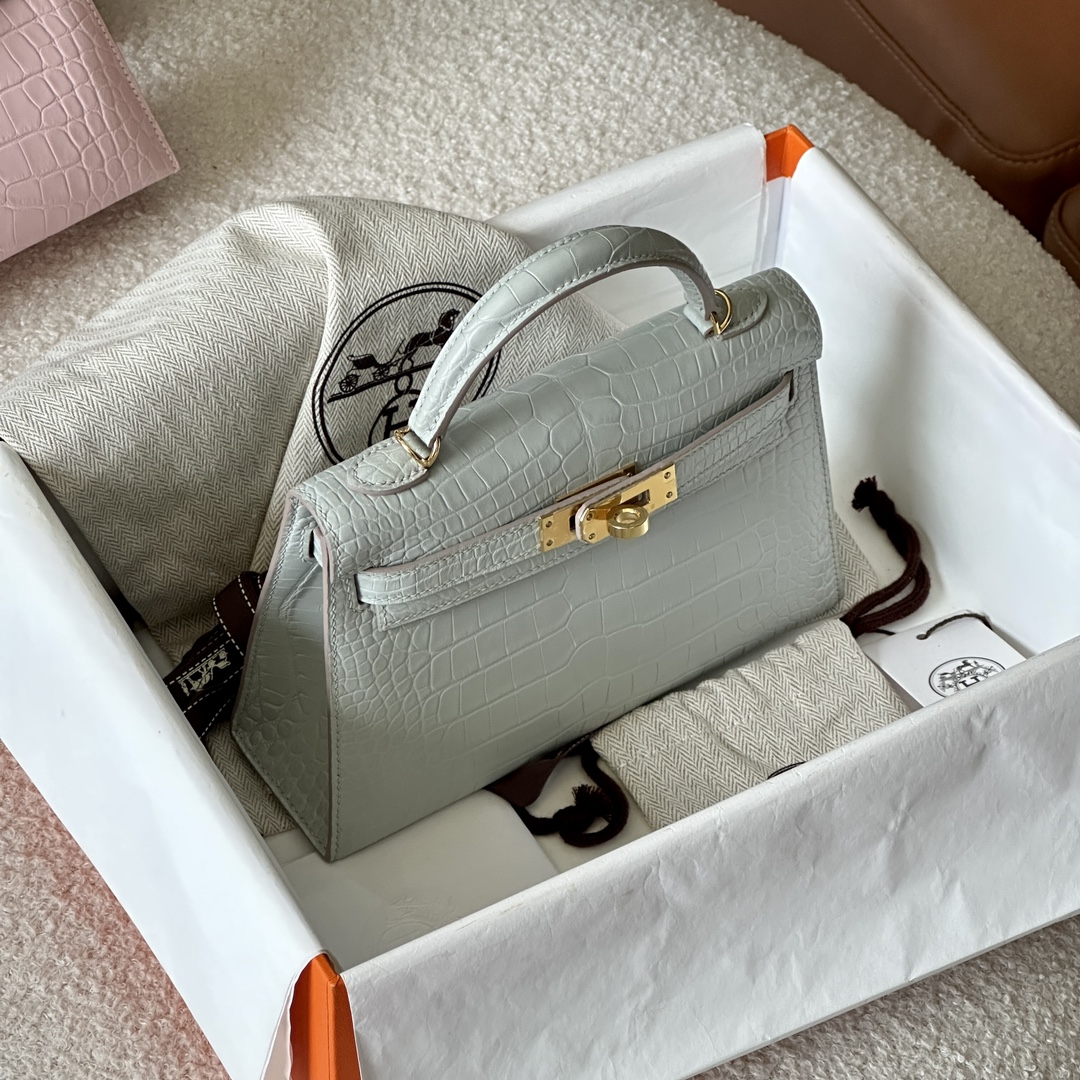 HERMES 爱马仕  MiniKelly 2 80 Gris Perle 珍珠灰 鳄鱼皮 进口蜜蜡线 全手工制作