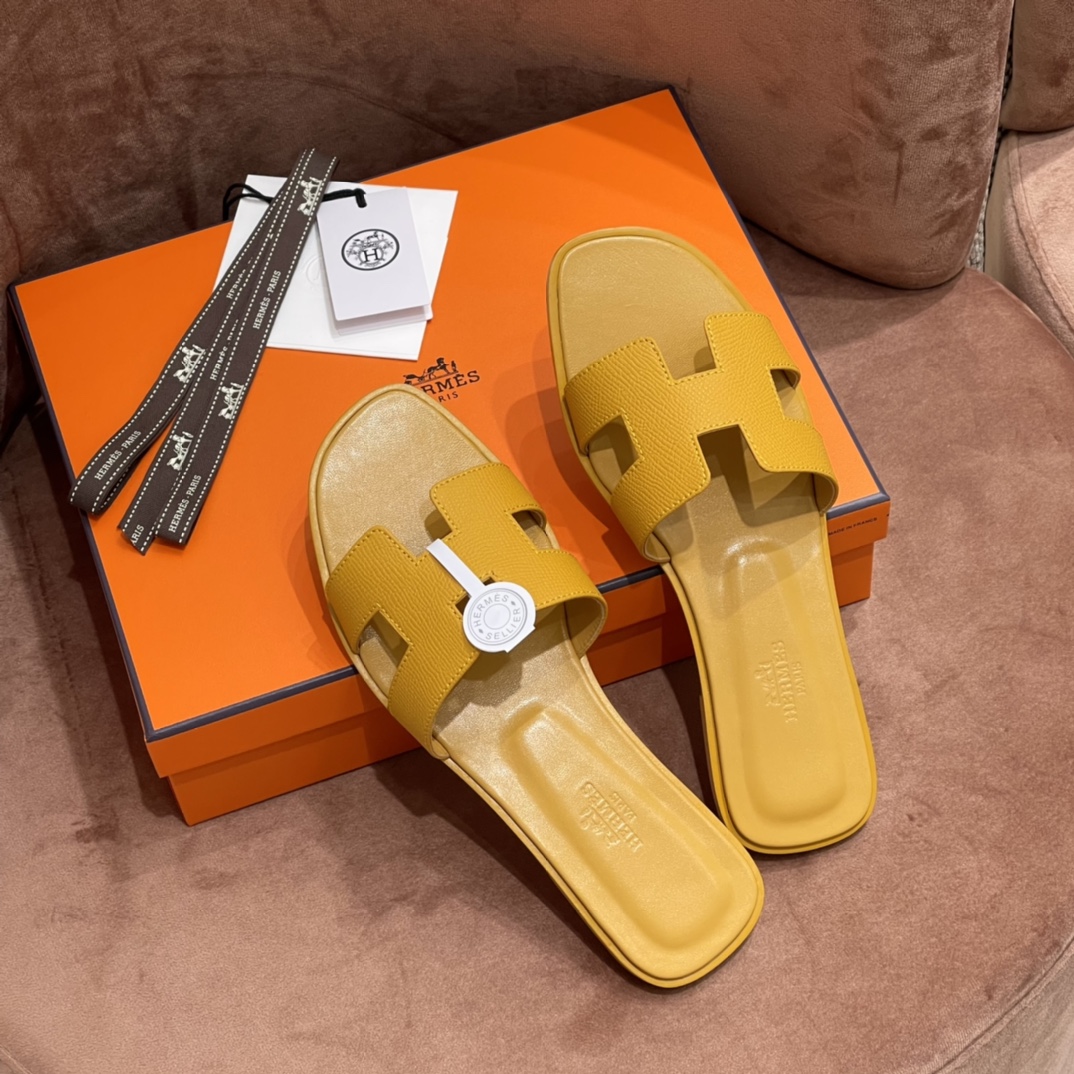 HERMES 爱马仕 H拖鞋 34-41码 原厂同步 进口真皮大底 全手工制作 9D 琥珀黄