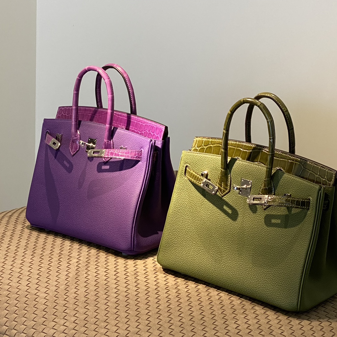 HERMES 爱马仕 Birkin 25cm/30cm 5J Fushsia悬铃花紫/桃红色/61 Vert Olive橄榄绿 鳄鱼皮拼TOGO皮 进口蜜蜡线 全手工制作