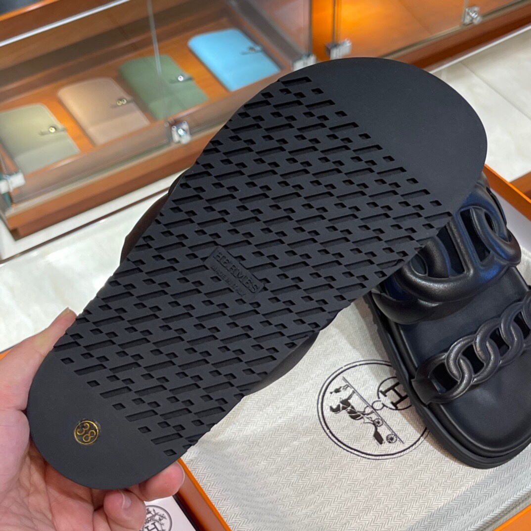 HERMES 爱马仕 猪鼻子拖鞋 34-41码 原厂同步 进口真皮大底 全手工制作 89 Nior经典黑