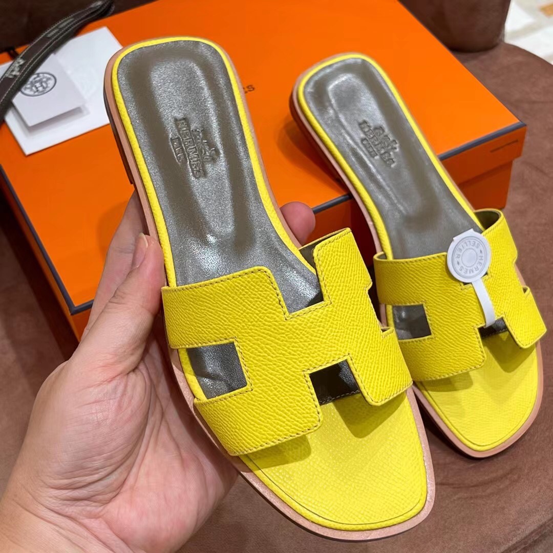 HERMES 爱马仕 H拖鞋 34-41码 原厂同步 进口真皮大底 全手工制作 9N Citron 柠檬黄