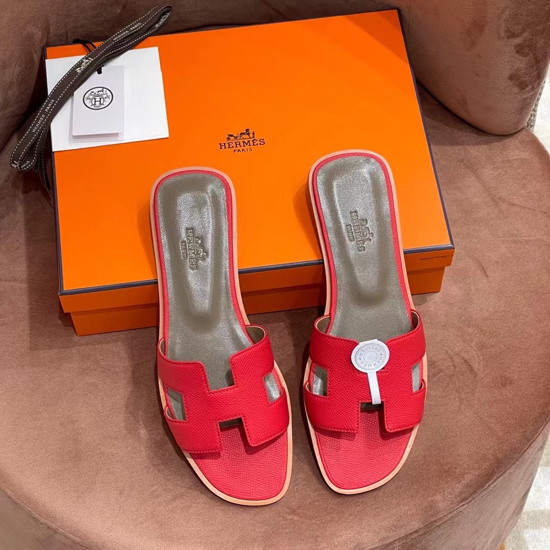 HERMES 爱马仕 H拖鞋 34-41码 原厂同步 进口真皮大底 全手工制作 5Q Rouge Venitien 国旗红