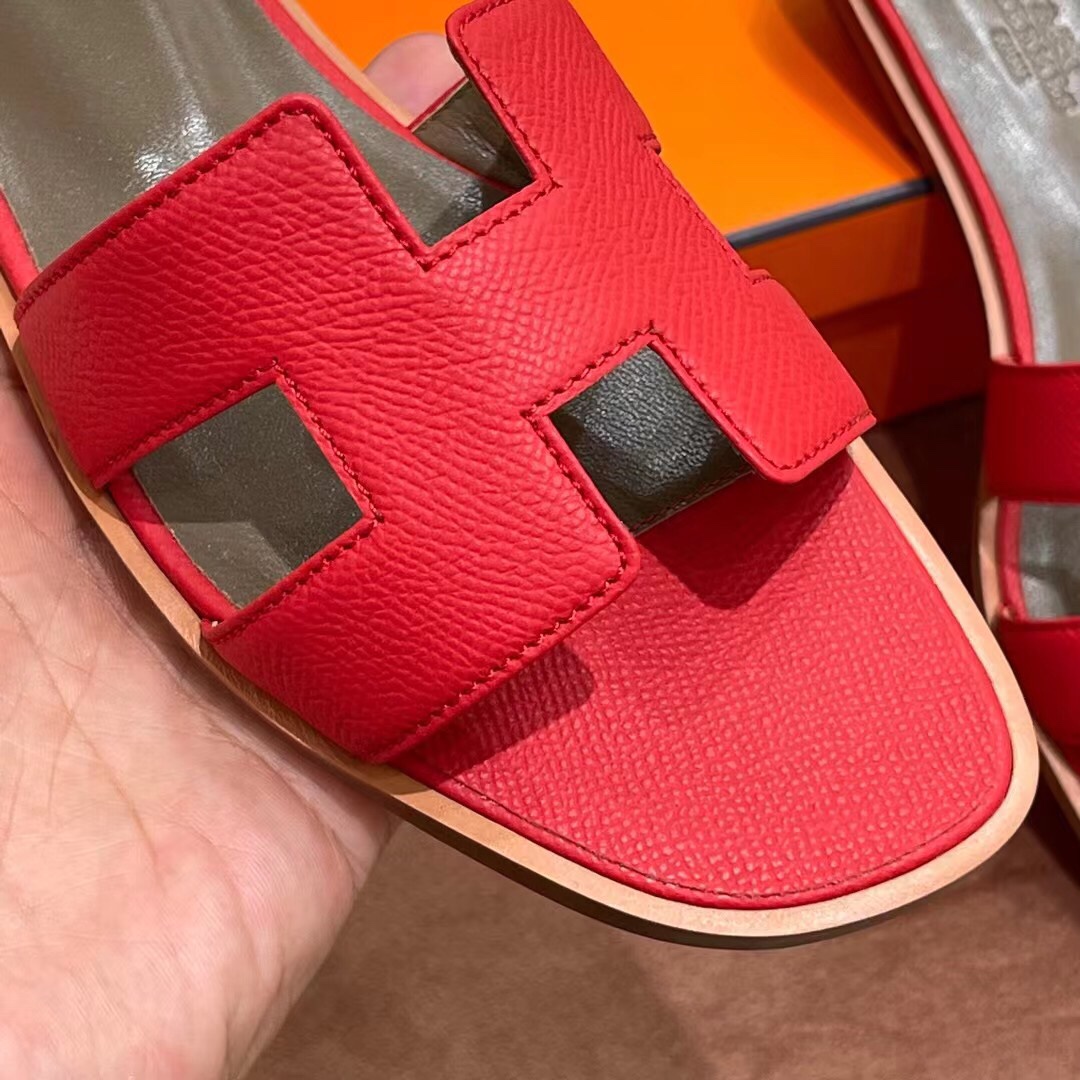 HERMES 爱马仕 H拖鞋 34-41码 原厂同步 进口真皮大底 全手工制作 5Q Rouge Venitien 国旗红