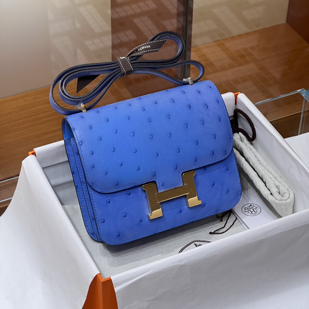HERMES 爱马仕 【现货】Constance 19CM 7T Bleu electrique电光蓝 Ostrich 鸵鸟皮 现货 进口蜜蜡线 全手工制作 铂金女王 Birkinmm