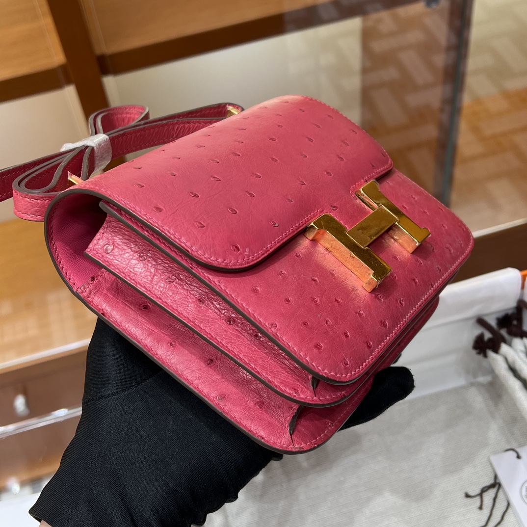 HERMES 爱马仕 【现货】Constance 19CM 5J Fushsia悬铃花紫/桃红色 Ostrich 鸵鸟皮 现货 进口蜜蜡线 全手工制作 铂金女王 Birkinmm