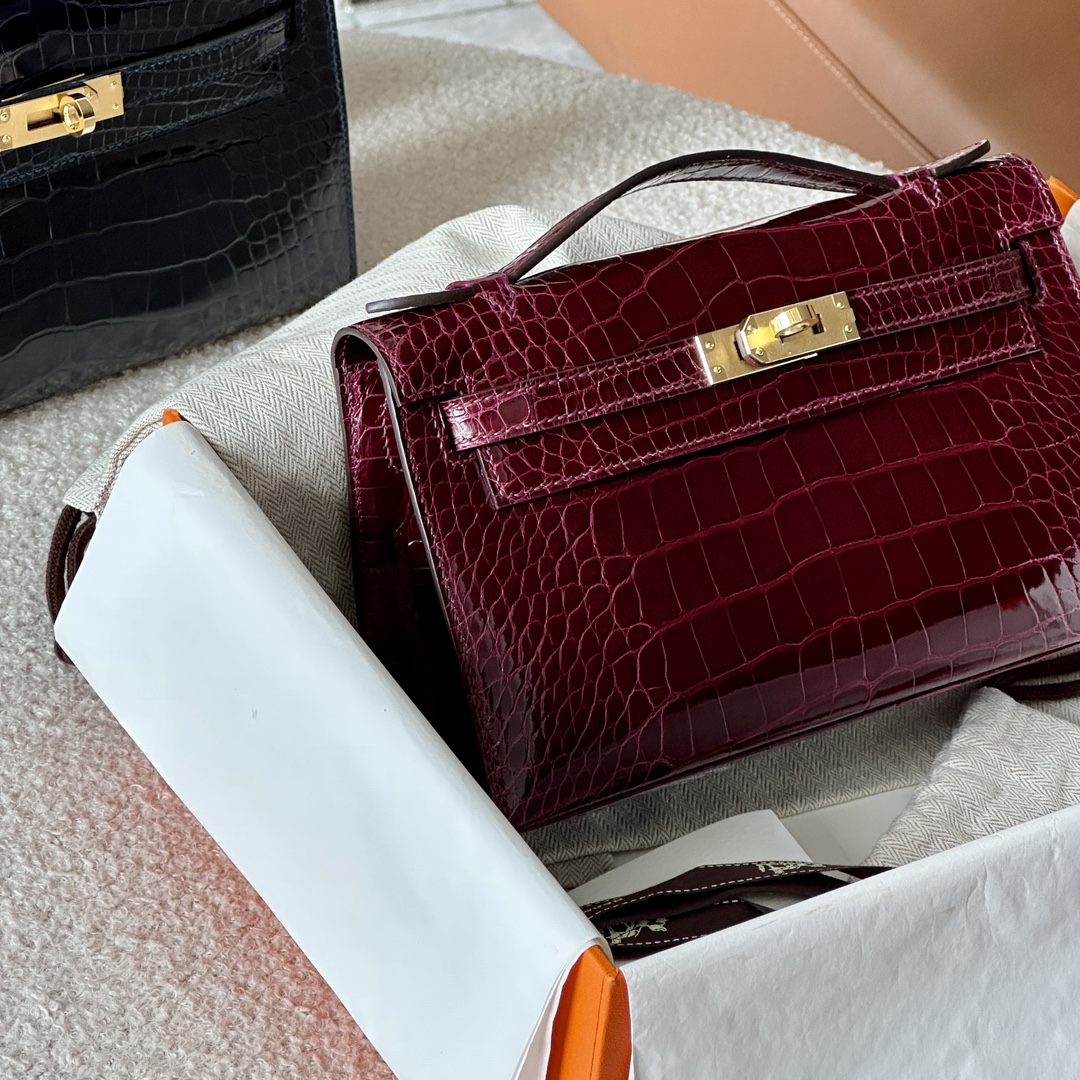 HERMES 爱马仕  MiniKelly 1 57 Bordeaux波尔多红 鳄鱼皮 进口蜜蜡线 全手工制作