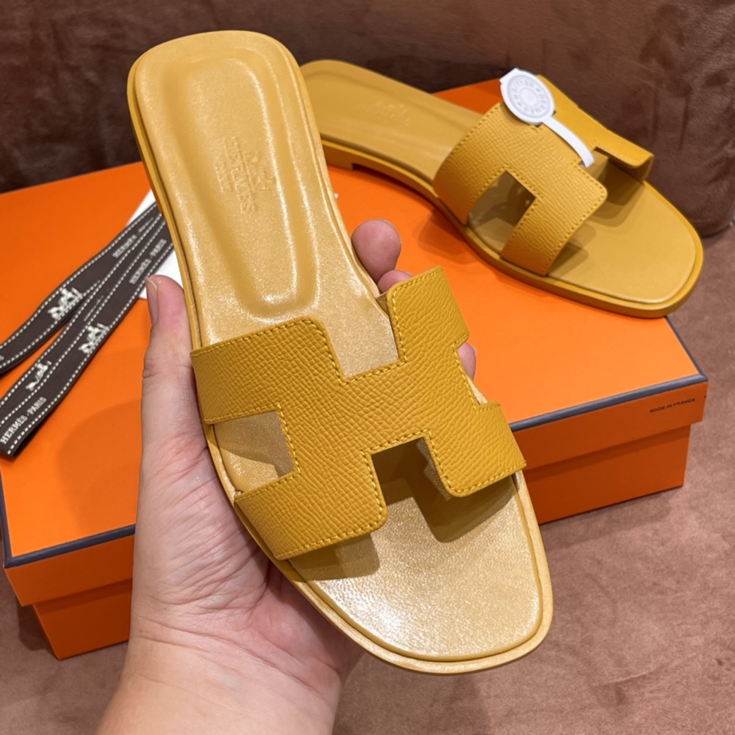HERMES 爱马仕 H拖鞋 34-41码 原厂同步 进口真皮大底 全手工制作 9D 琥珀黄