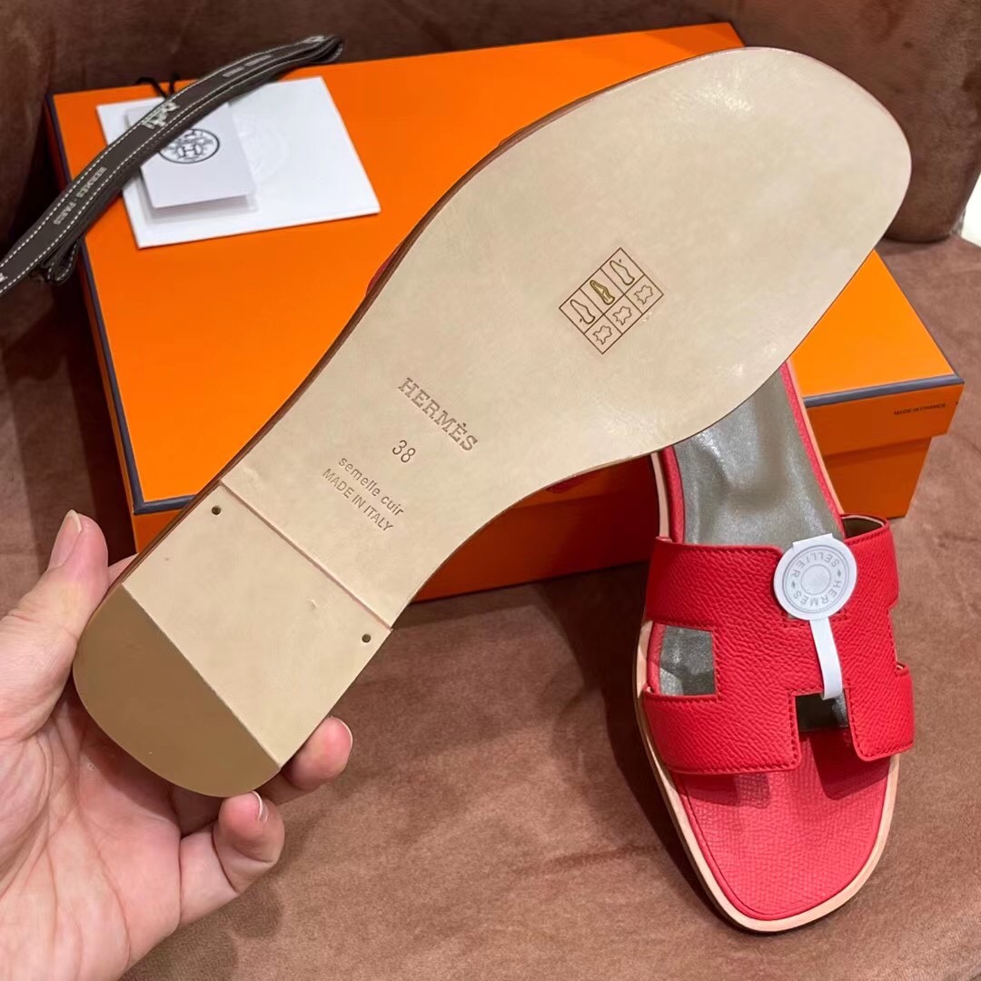 HERMES 爱马仕 H拖鞋 34-41码 原厂同步 进口真皮大底 全手工制作 5Q Rouge Venitien 国旗红