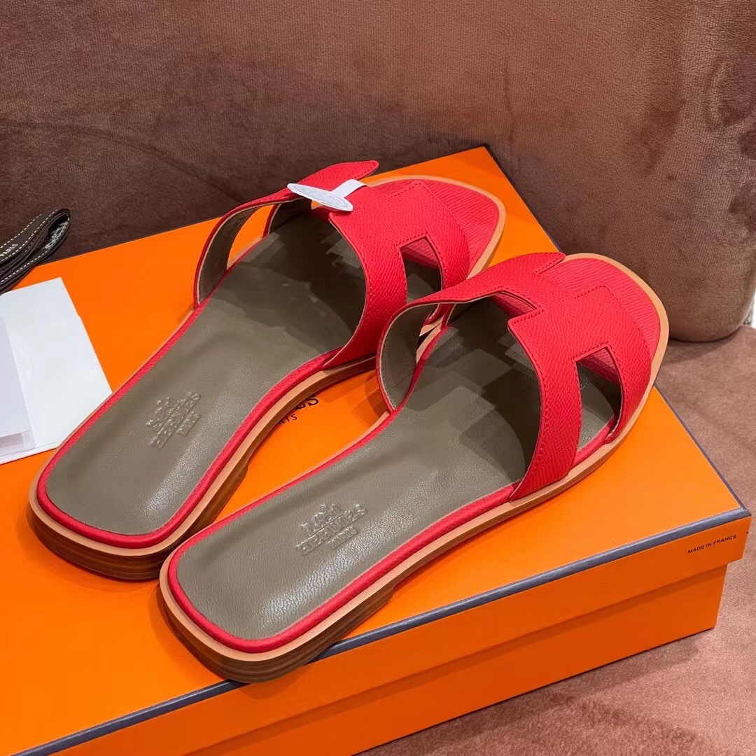 HERMES 爱马仕 H拖鞋 34-41码 原厂同步 进口真皮大底 全手工制作 5Q Rouge Venitien 国旗红