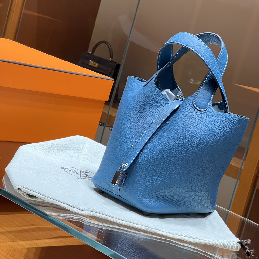 HERMES 爱马仕官网推荐 菜篮子 Picotin 纯手工 0F 佛罗里达蓝 TC皮 进口蜜蜡线 全手工制作