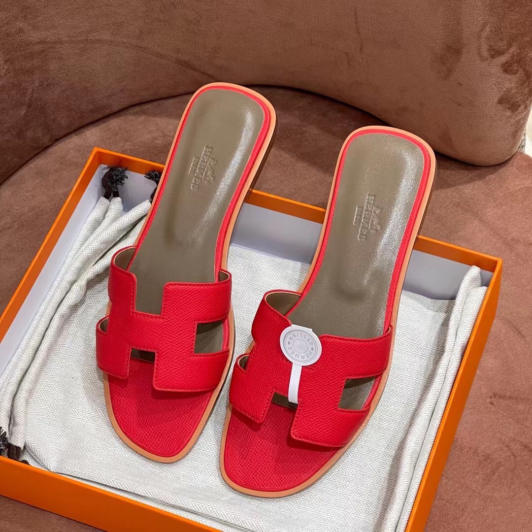 HERMES 爱马仕 H拖鞋 34-41码 原厂同步 进口真皮大底 全手工制作 5Q Rouge Venitien 国旗红