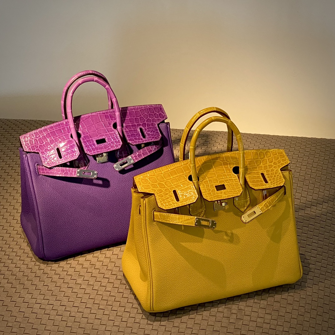 HERMES 爱马仕 Birkin 25cm/30cm 5J Fushsia悬铃花紫/桃红色/9D 琥珀黄 鳄鱼皮拼TOGO皮 进口蜜蜡线 全手工制作