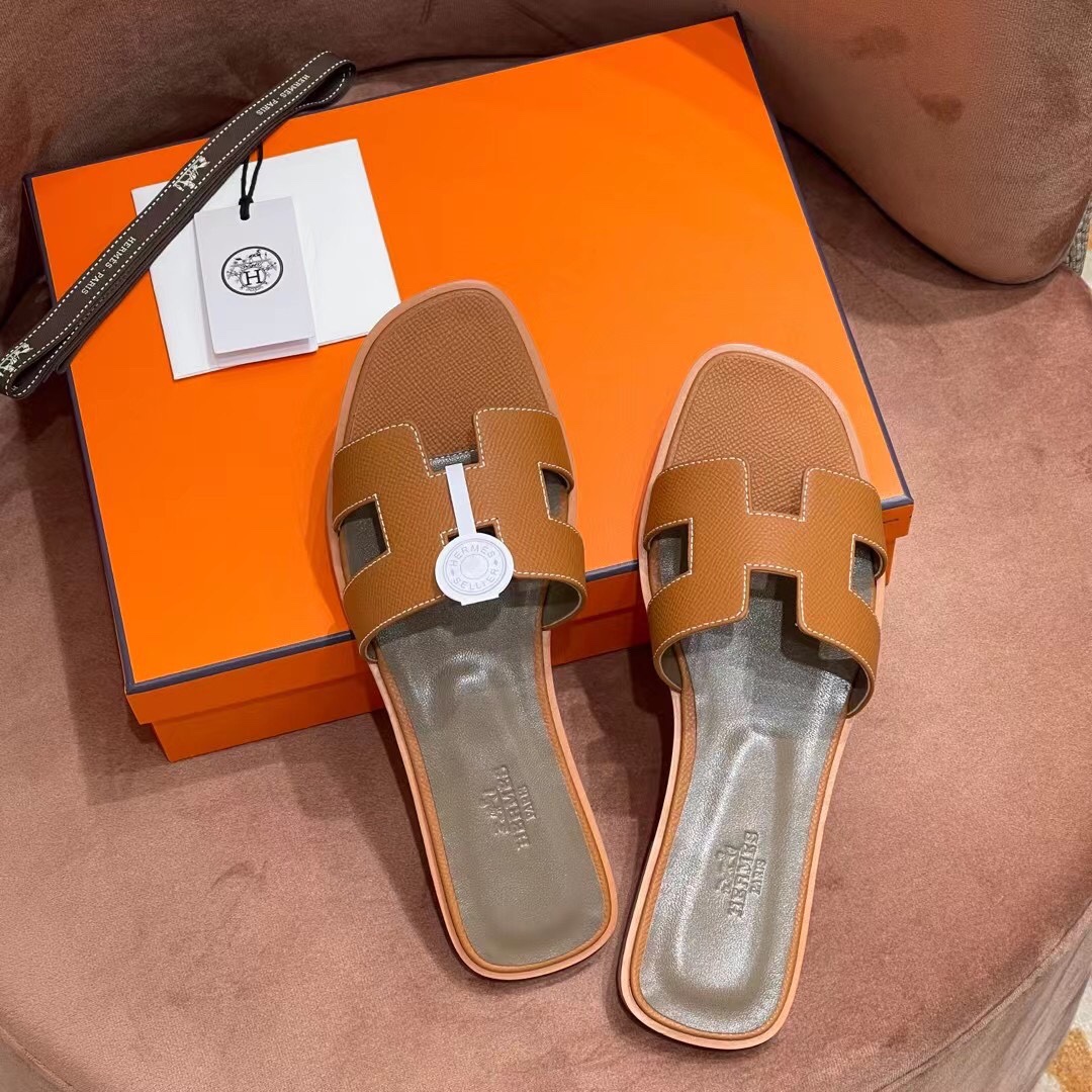 HERMES 爱马仕 H拖鞋 34-41码 原厂同步 进口真皮大底 全手工制作 CK37 金棕色