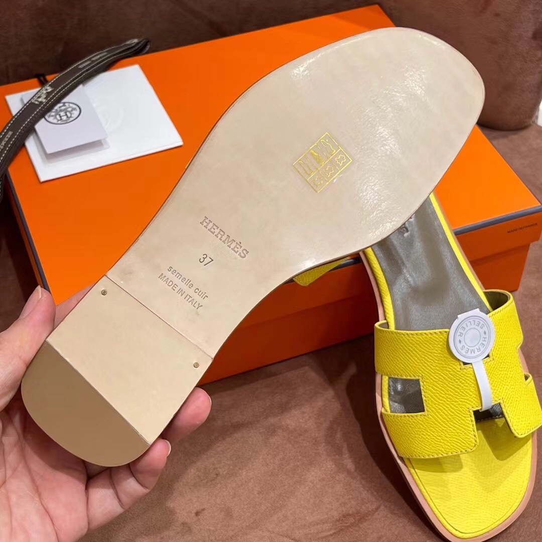 HERMES 爱马仕 H拖鞋 34-41码 原厂同步 进口真皮大底 全手工制作 9N Citron 柠檬黄