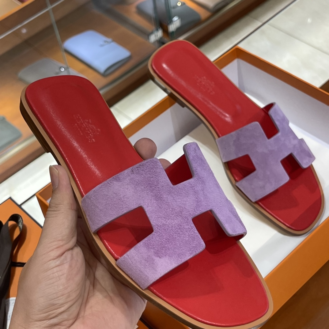 HERMES 爱马仕 H拖鞋 34-41码 原厂同步 进口真皮大底 全手工制作 S5 Rouge Tomate 法拉利红拼96 violet紫罗兰
