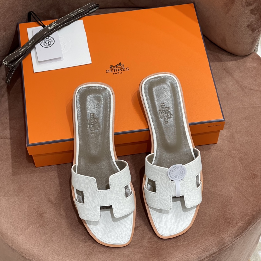 HERMES 爱马仕 H拖鞋 34-41码 原厂同步 进口真皮大底 全手工制作 01 Blanc 白色
