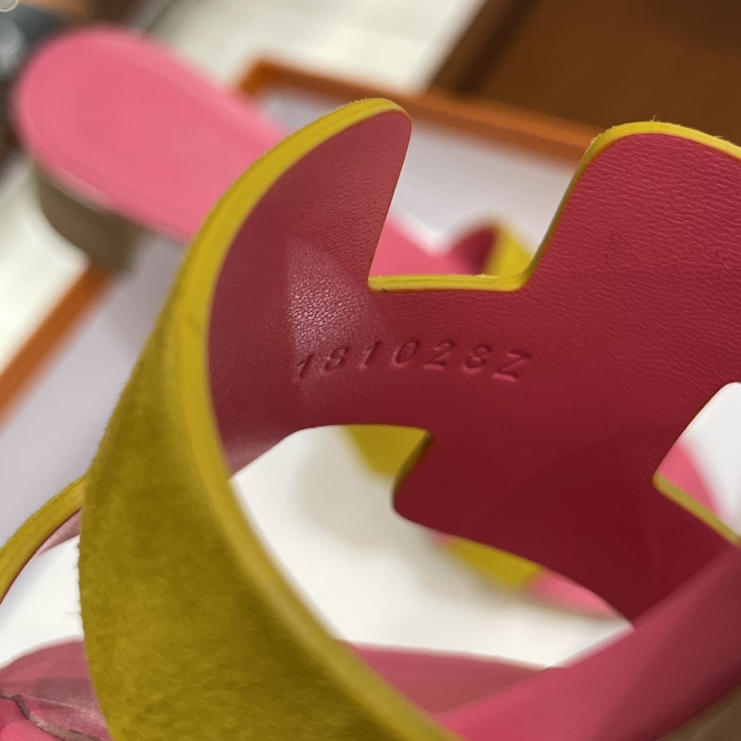 HERMES 爱马仕 H拖鞋 34-41码 原厂同步 进口真皮大底 全手工制作 9D 琥珀黄拼斋普尔粉T5 Rose Jeipur