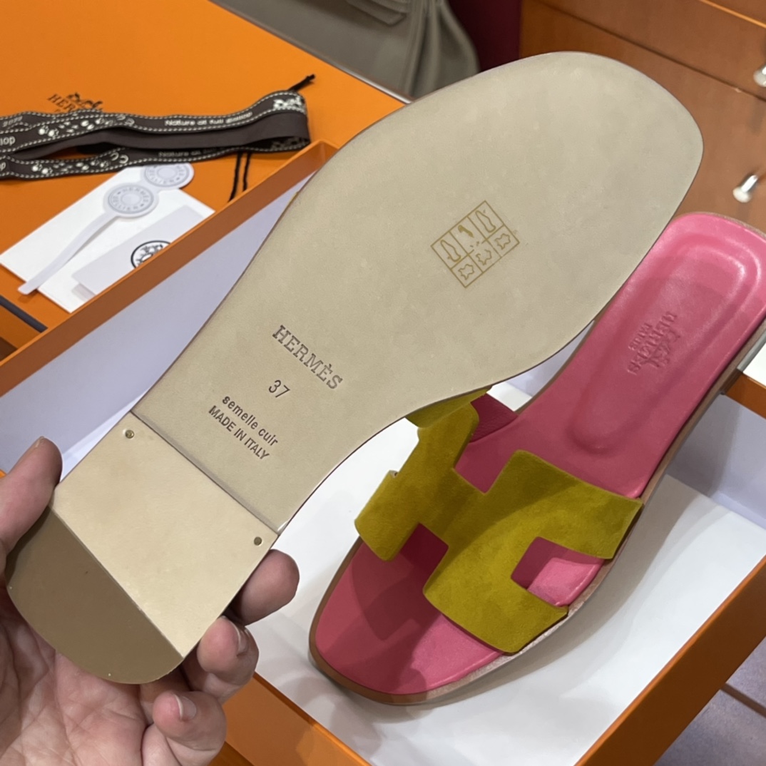 HERMES 爱马仕 H拖鞋 34-41码 原厂同步 进口真皮大底 全手工制作 9D 琥珀黄拼斋普尔粉T5 Rose Jeipur