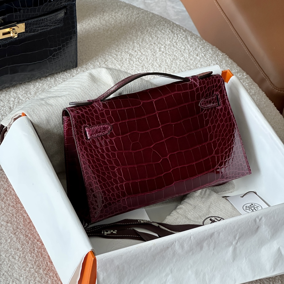 HERMES 爱马仕  MiniKelly 1 57 Bordeaux波尔多红 鳄鱼皮 进口蜜蜡线 全手工制作