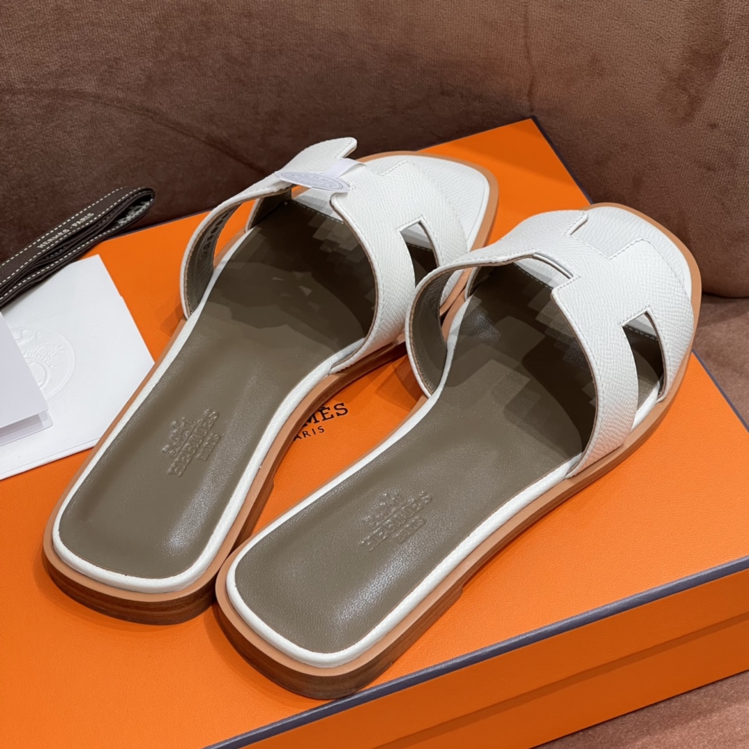 HERMES 爱马仕 H拖鞋 34-41码 原厂同步 进口真皮大底 全手工制作 01 Blanc 白色