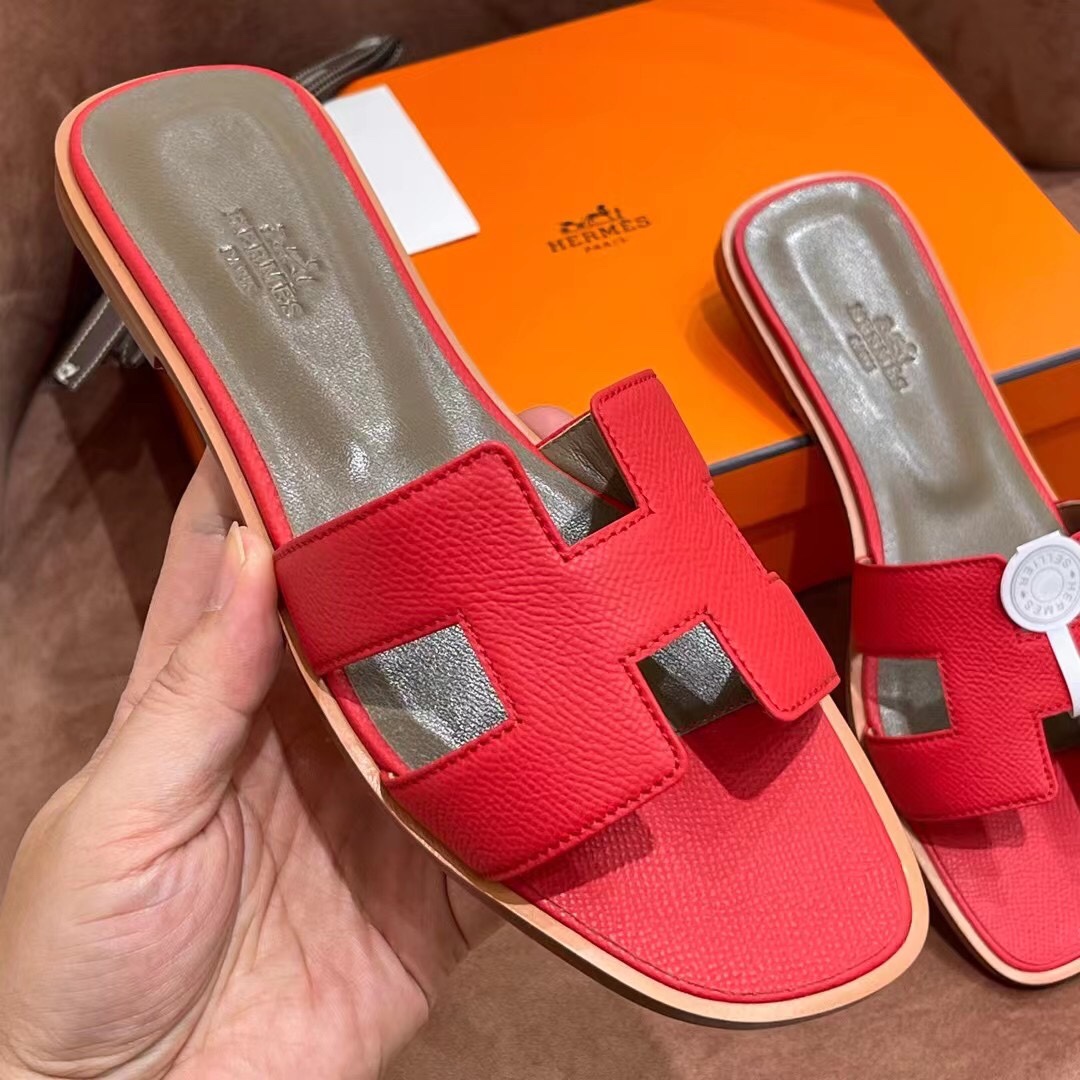 HERMES 爱马仕 H拖鞋 34-41码 原厂同步 进口真皮大底 全手工制作 5Q Rouge Venitien 国旗红
