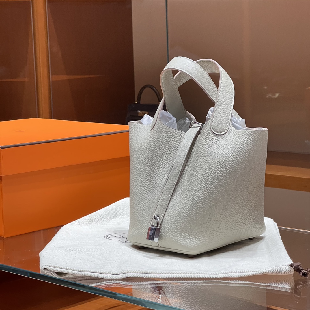 HERMES 爱马仕官网推荐 菜篮子 Picotin 纯手工 10 Craie 奶昔白 TC皮 进口蜜蜡线 全手工制作