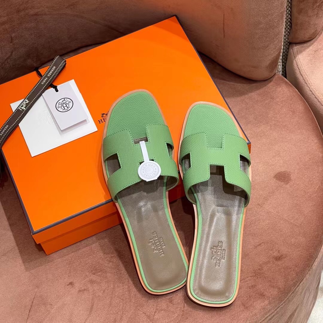 HERMES 爱马仕 H拖鞋 34-41码 原厂同步 进口真皮大底 全手工制作 3i 牛油果绿
