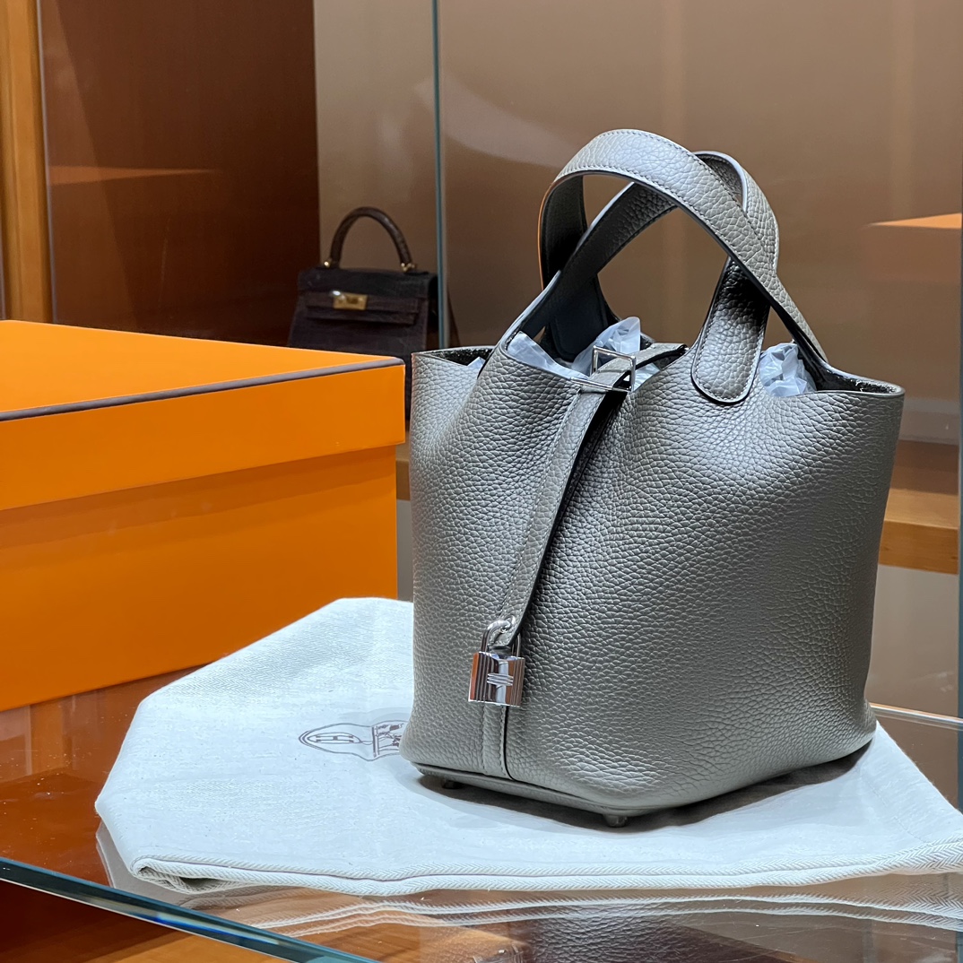 HERMES 爱马仕官网推荐 菜篮子 Picotin 纯手工 8F Etain 锡器灰 TC皮 进口蜜蜡线 全手工制作