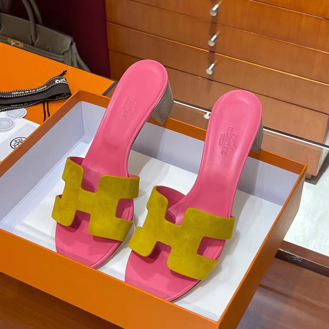 HERMES 爱马仕 H拖鞋 34-41码 原厂同步 进口真皮大底 全手工制作 9D 琥珀黄拼斋普尔粉T5 Rose Jeipur