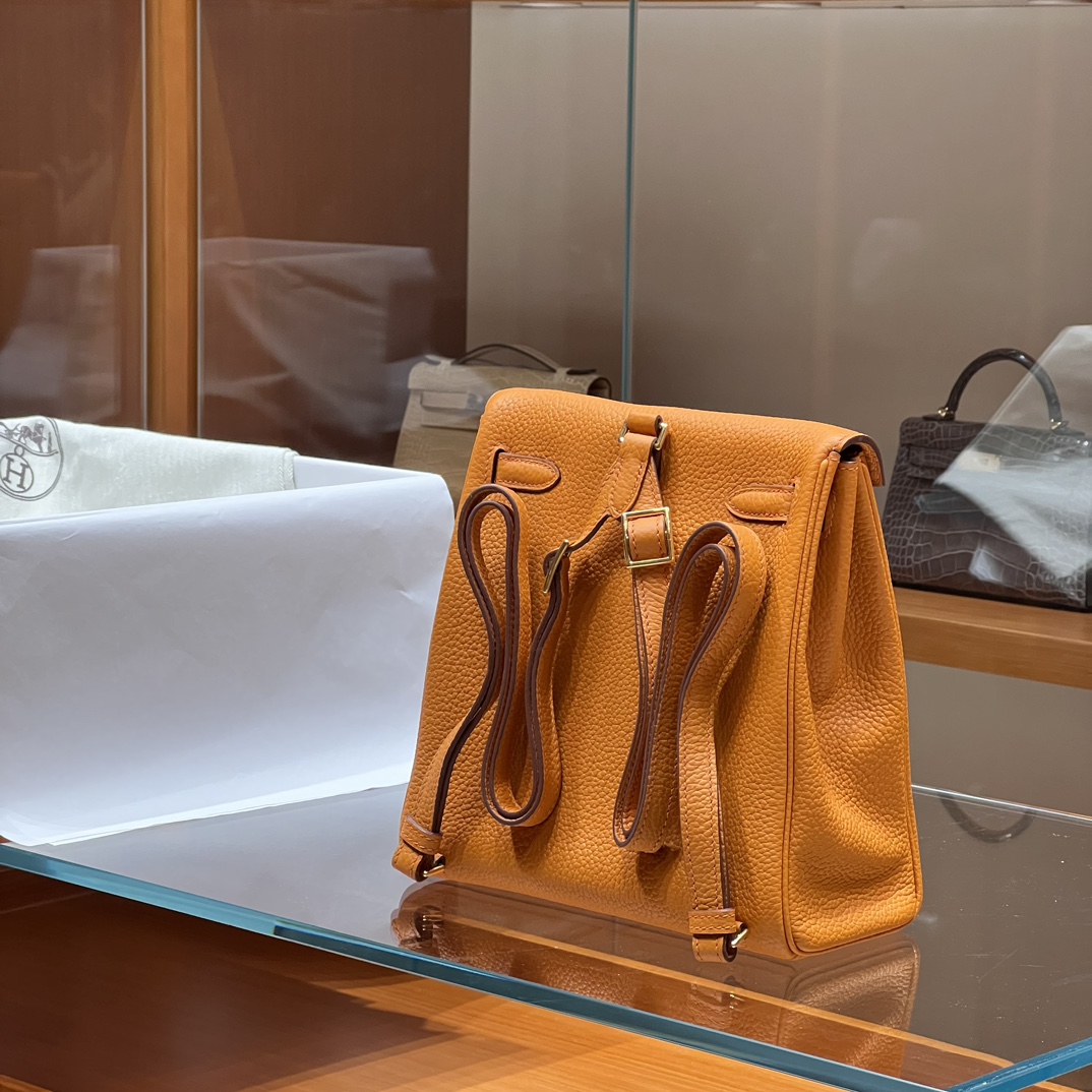 HERMES 爱马仕官网推荐 Kelly ado 双肩背包 21cm 9J Feu 火焰橙 Togo皮 进口蜜蜡线 全手工制作